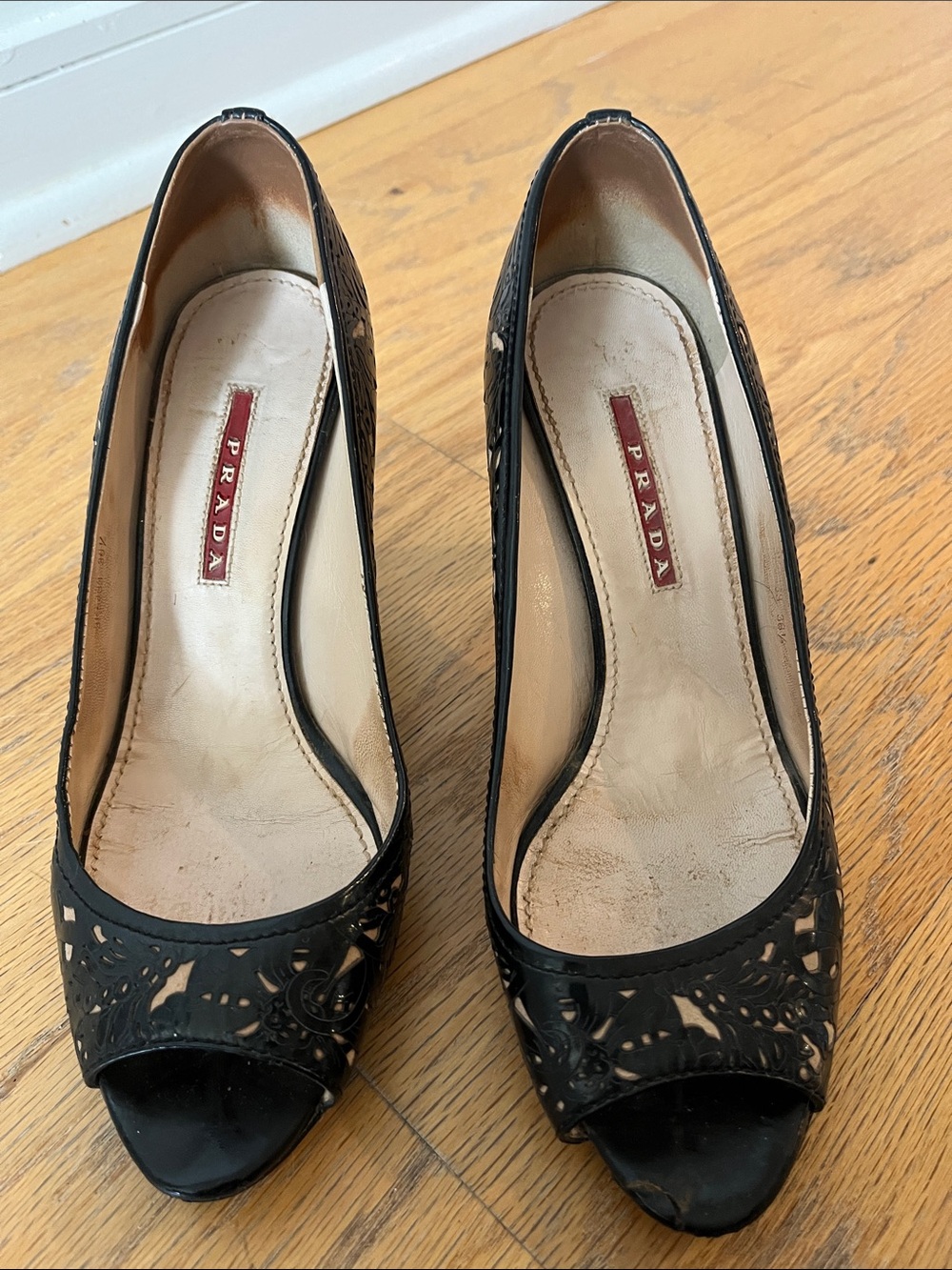 Prada Black Laser-Cut Peep-Toe Pumps